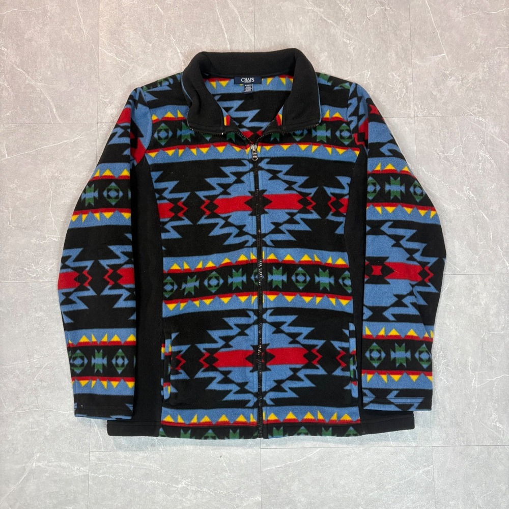 Chaps Sport Womens 1X Aztec Fleece Jacket Full Zip Southwestern Blue Black 3017